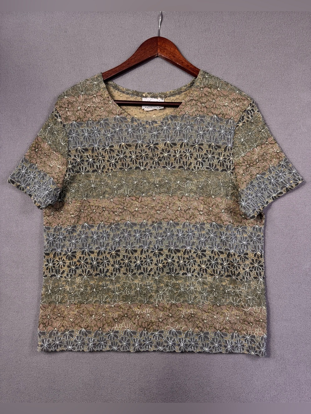 Vintage Y2K Kathie Lee Earth Tone Multicolor Lace Mesh Short Sleeve Top, XL